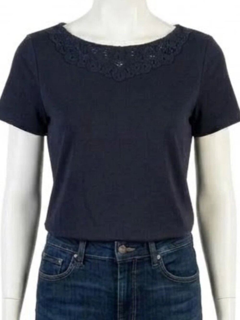 Lauren Ralph Lauren Womens Petite Large Top Navy Blue Lace Trim Short Sleeve NWT